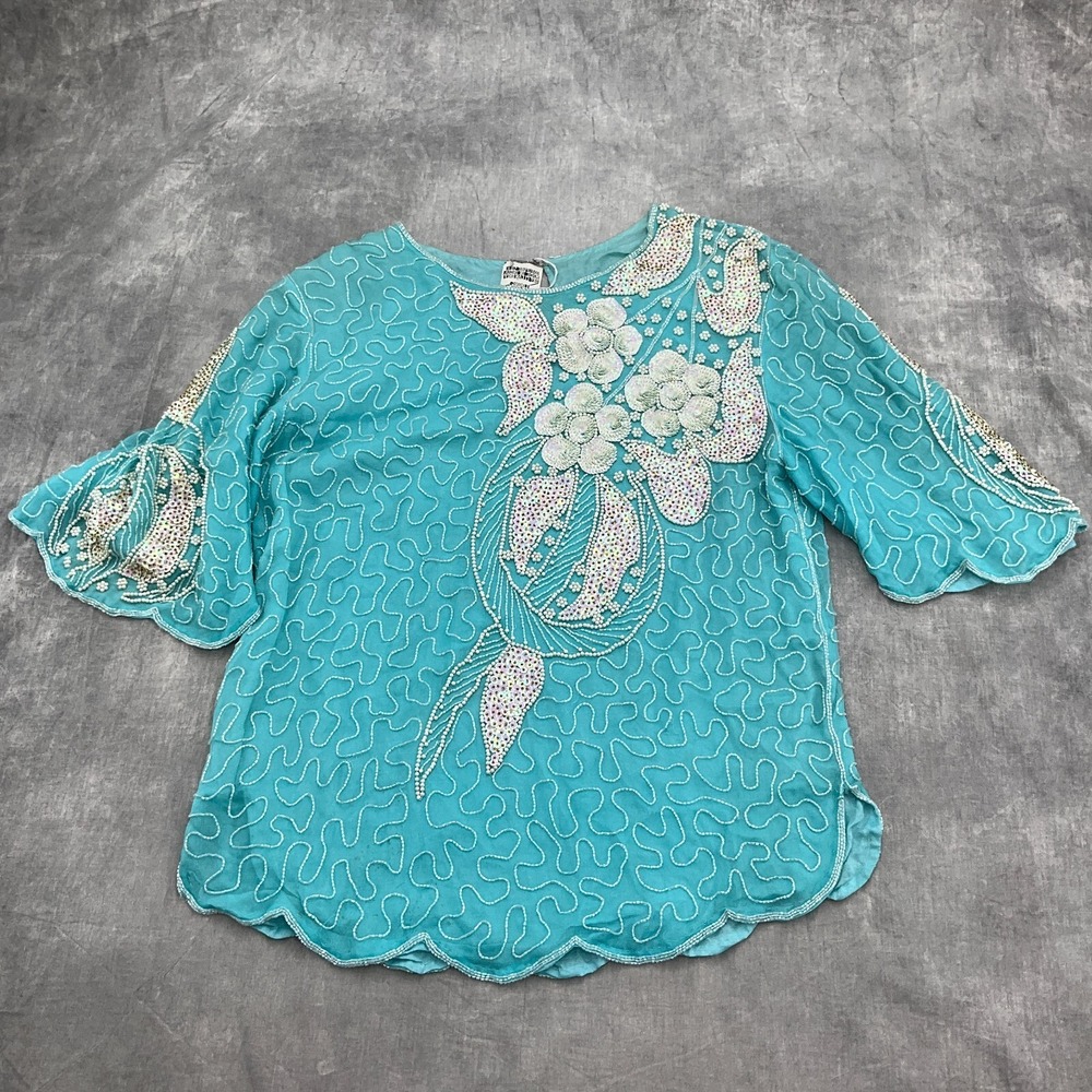 Unbranded‎ Blouse Women Medium Blue Allover Embellished Floral Silk India VTG